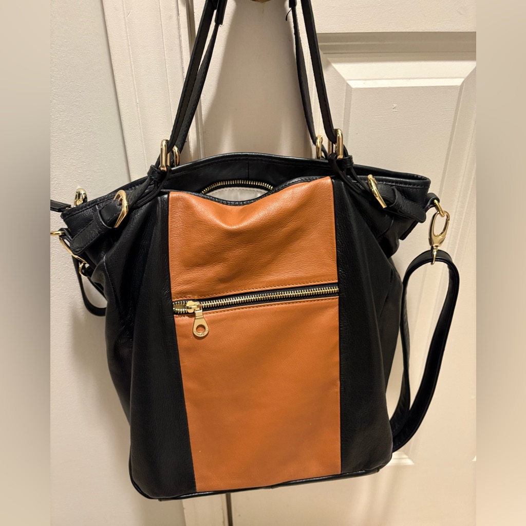 Christopher Kon Black Cognac Leather Hobo Genuine Leather Tote Shoulder Bag
